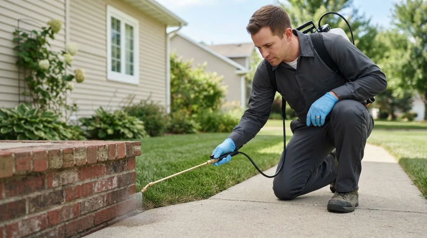 Pest control technician treating a home near Carrizo Springs, TX